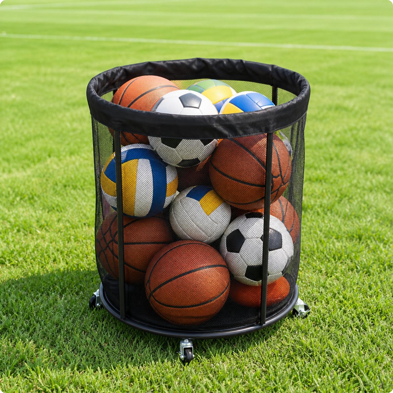 Sports Equipment Trolley - Rolling Mesh Equipment Basket for Gym